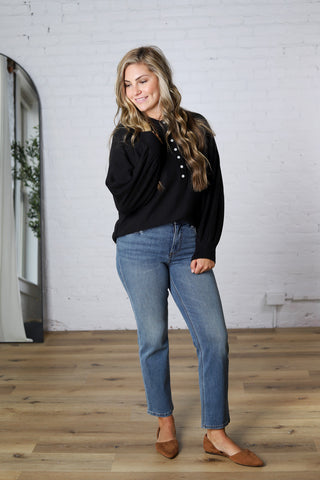 Presley Henley Balloon Sleeve Sweater Top - Black