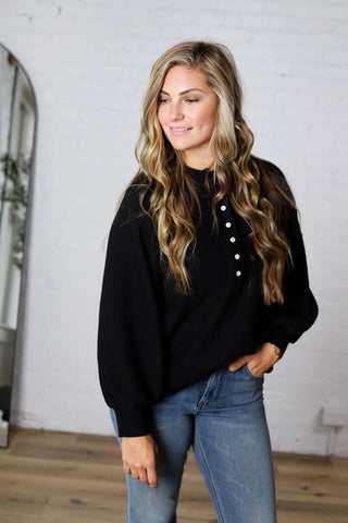 Presley Henley Balloon Sleeve Sweater Top - Black