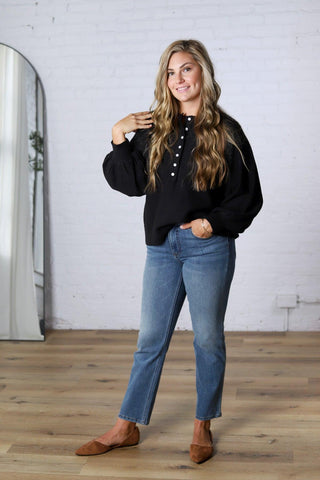 Presley Henley Balloon Sleeve Sweater Top - Black