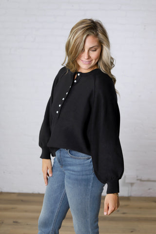 Presley Henley Balloon Sleeve Sweater Top - Black