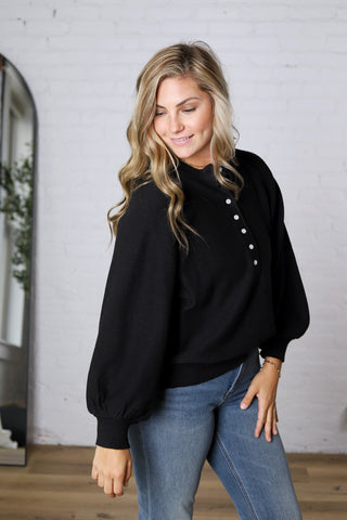 Presley Henley Balloon Sleeve Sweater Top - Black