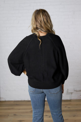 Presley Henley Balloon Sleeve Sweater Top - Black