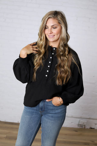 Presley Henley Balloon Sleeve Sweater Top - Black