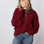 Presley Henley Balloon Sleeve Sweater Top - Burgundy