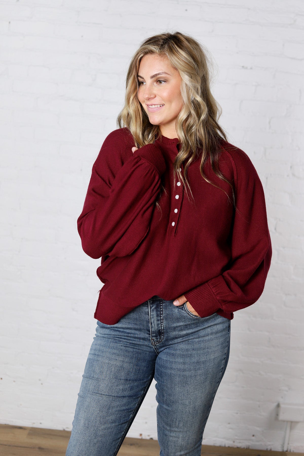 Presley Henley Balloon Sleeve Sweater Top - Burgundy