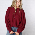 Presley Henley Balloon Sleeve Sweater Top - Burgundy