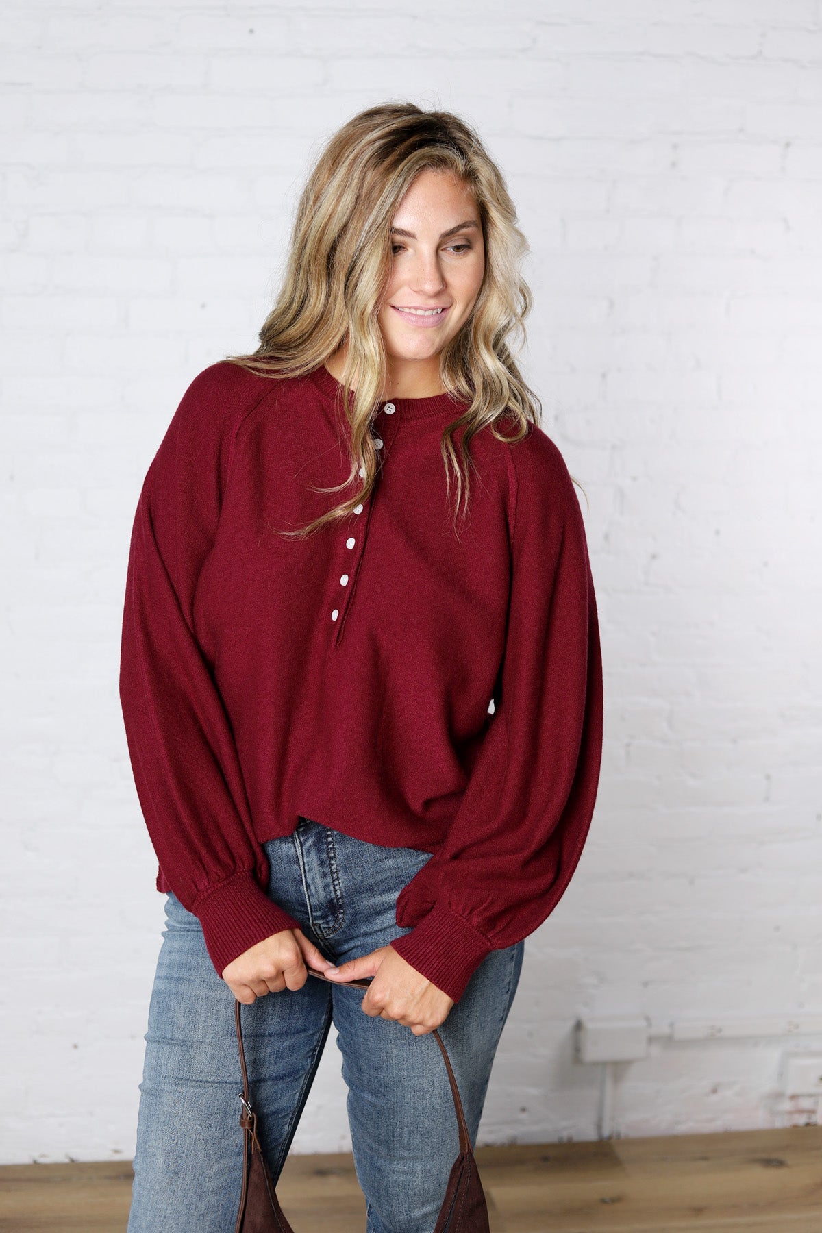 Presley Henley Balloon Sleeve Sweater Top - Burgundy