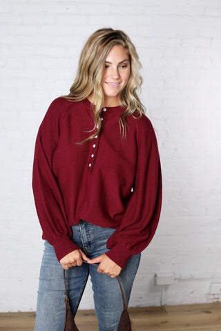 Presley Henley Balloon Sleeve Sweater Top - Burgundy