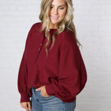 Presley Henley Balloon Sleeve Sweater Top - Burgundy