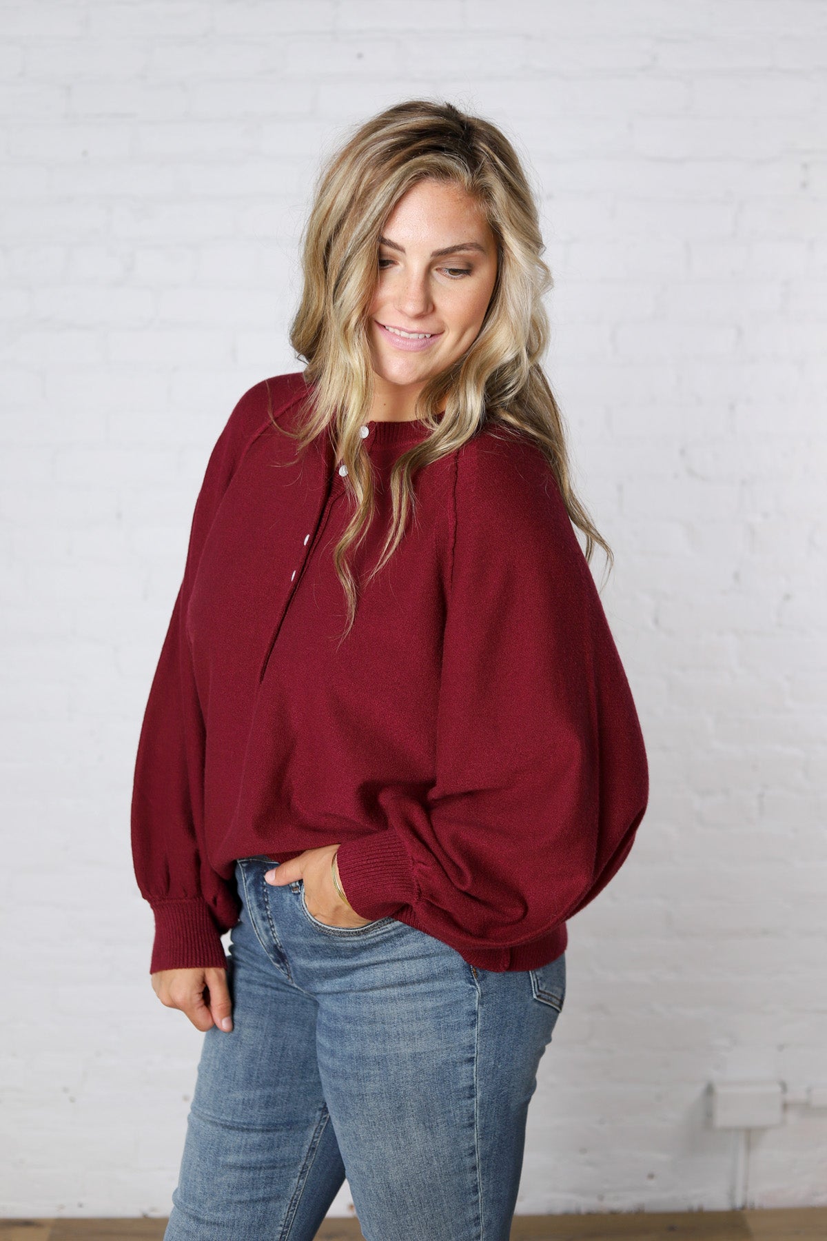 Presley Henley Balloon Sleeve Sweater Top - Burgundy