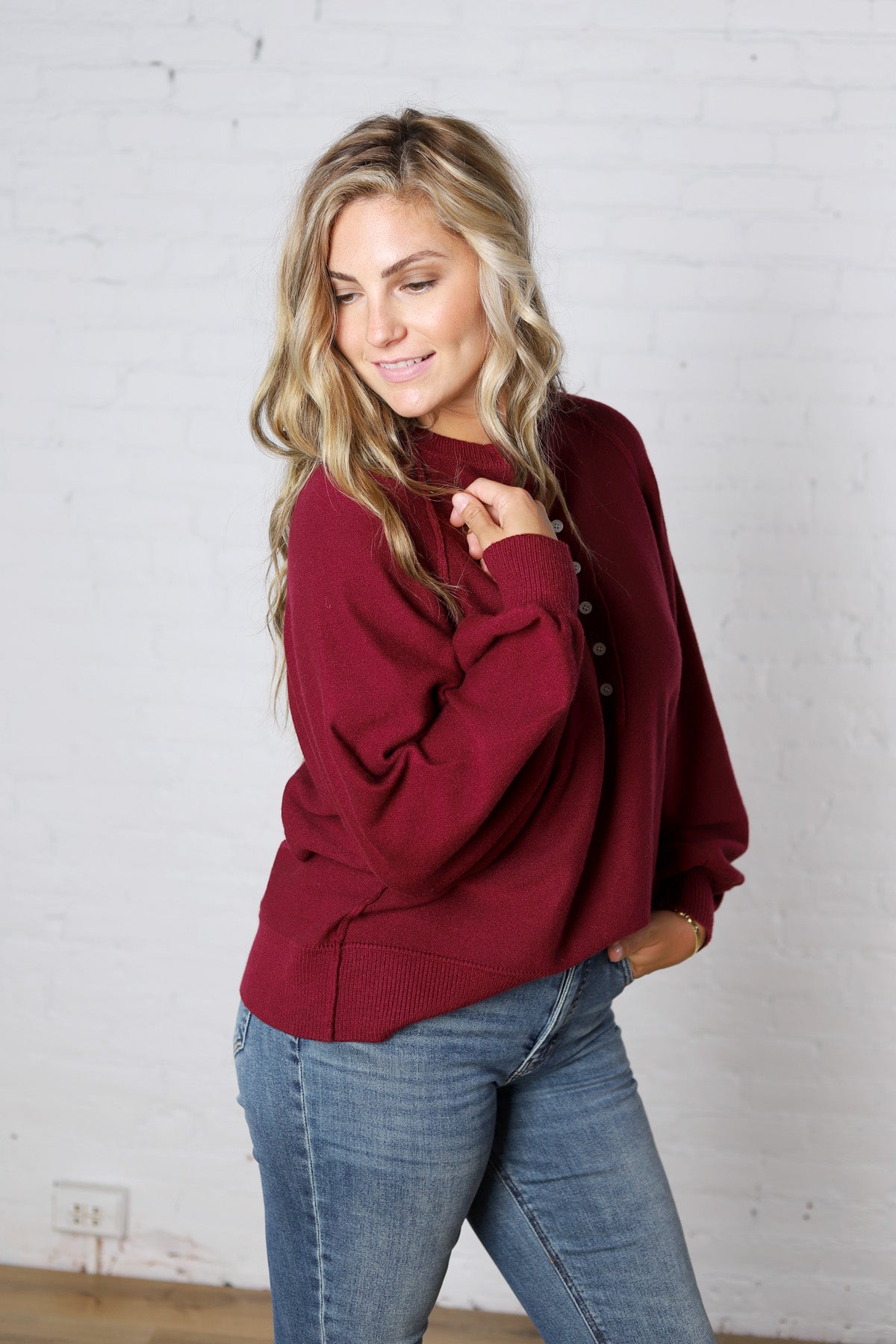 Presley Henley Balloon Sleeve Sweater Top - Burgundy