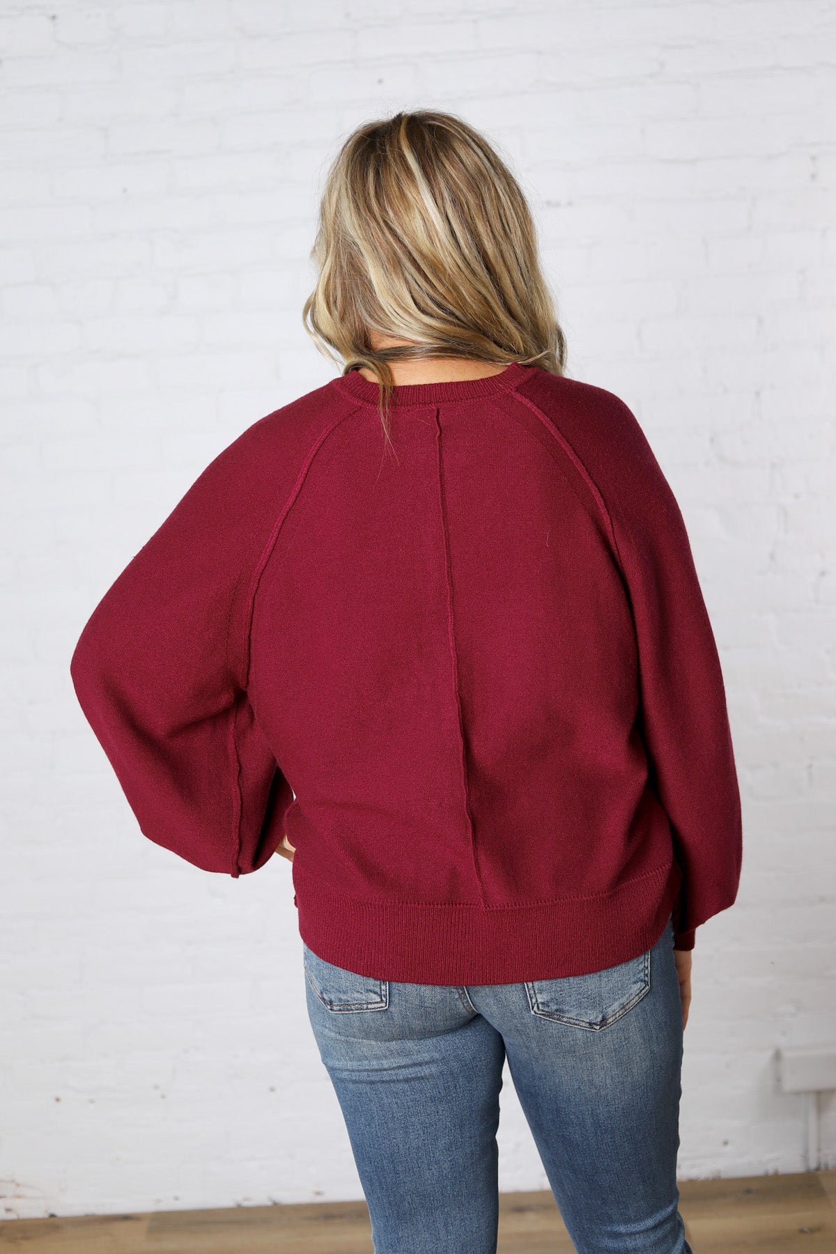 Presley Henley Balloon Sleeve Sweater Top - Burgundy