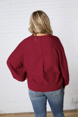 Presley Henley Balloon Sleeve Sweater Top - Burgundy