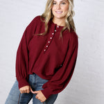 Presley Henley Balloon Sleeve Sweater Top - Burgundy