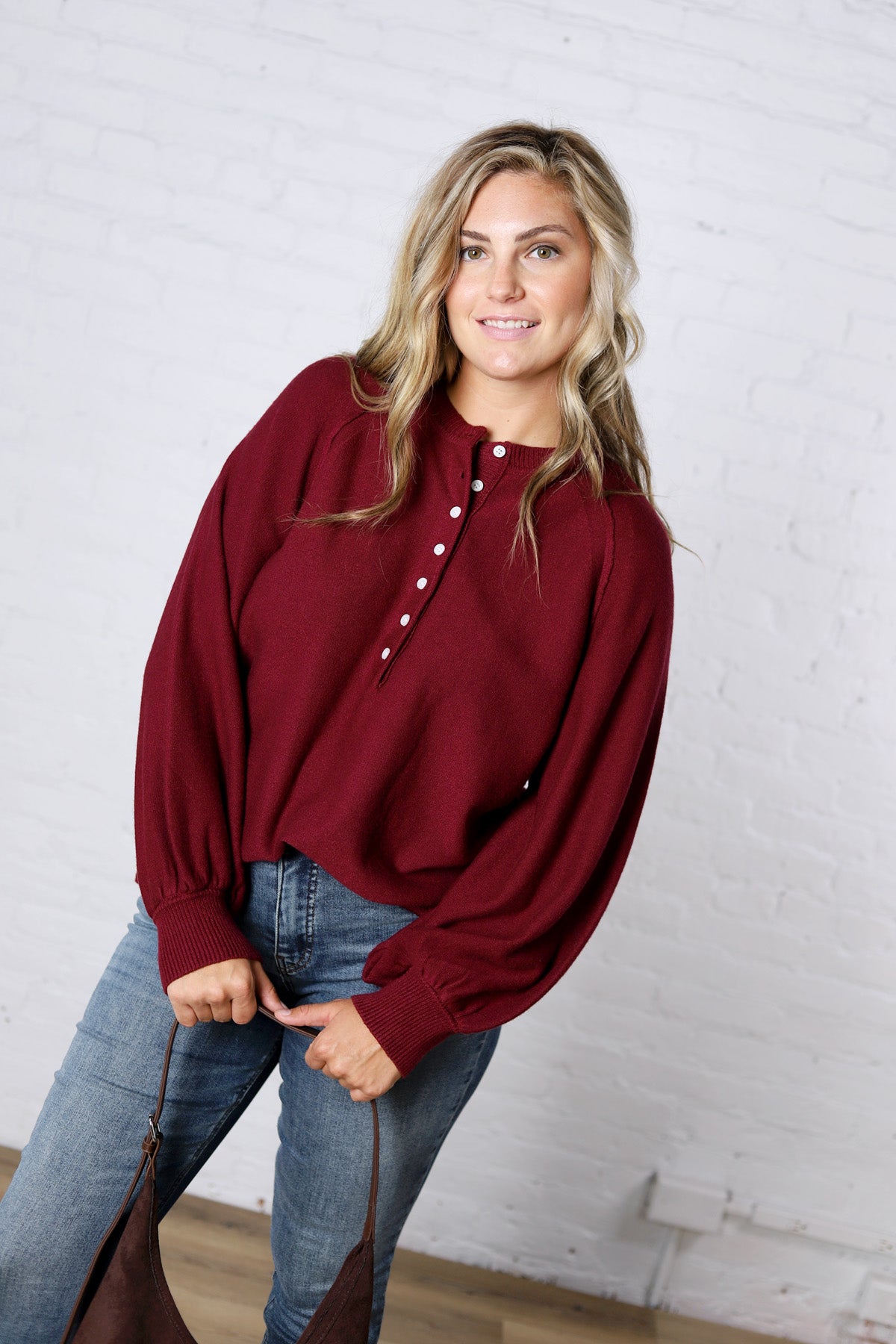Presley Henley Balloon Sleeve Sweater Top - Burgundy