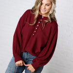 Presley Henley Balloon Sleeve Sweater Top - Burgundy