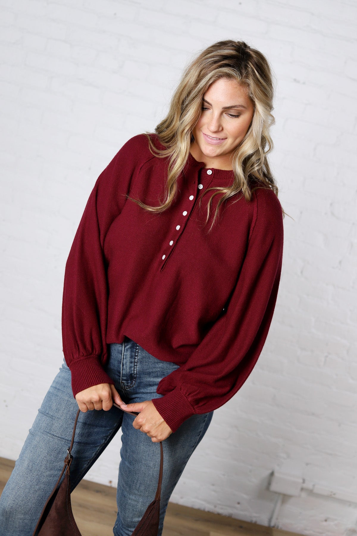 Presley Henley Balloon Sleeve Sweater Top - Burgundy
