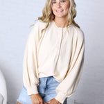 Presley Henley Balloon Sleeve Sweater Top - Ivory