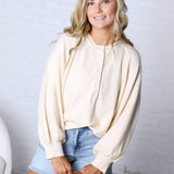Presley Henley Balloon Sleeve Sweater Top - Ivory