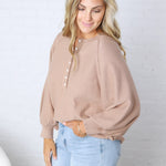 Presley Henley Balloon Sleeve Sweater Top - Taupe