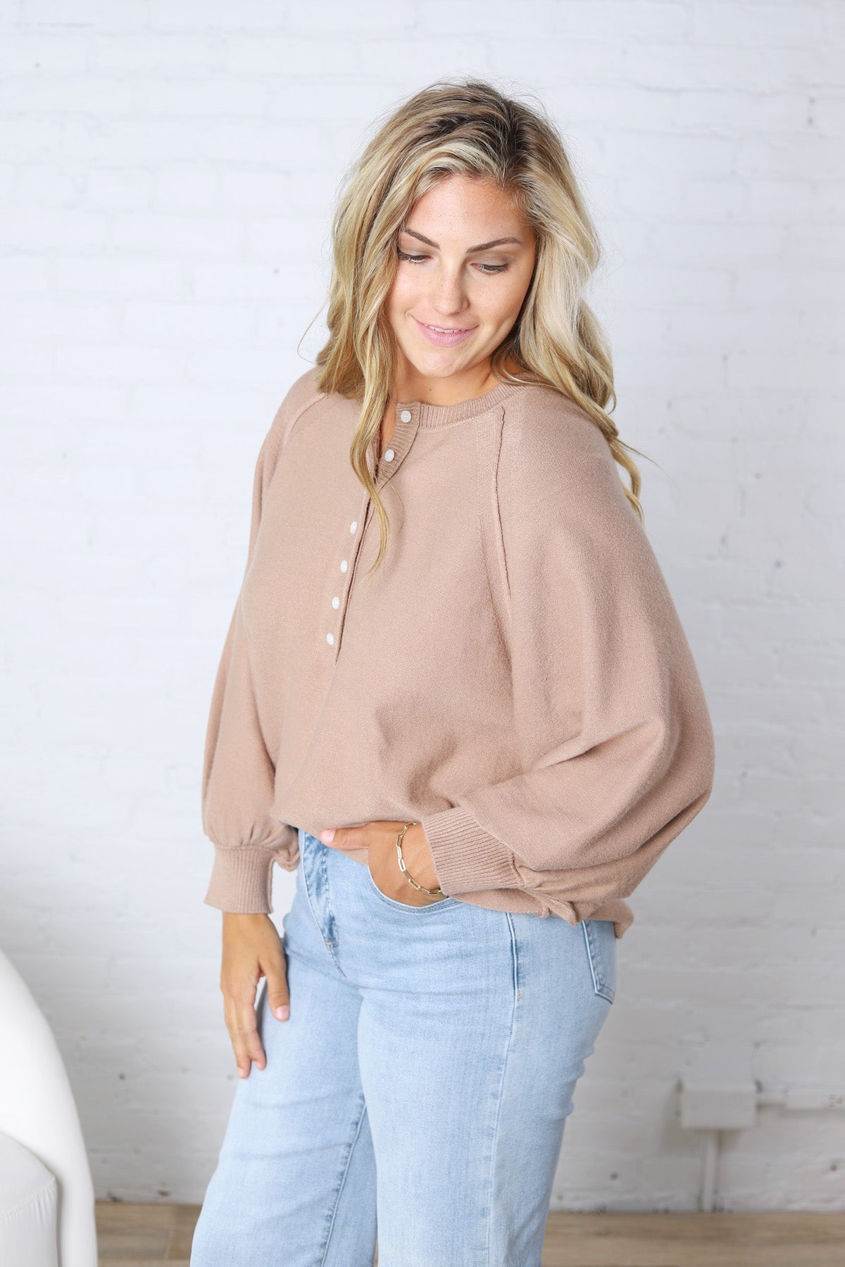 Presley Henley Balloon Sleeve Sweater Top - Taupe