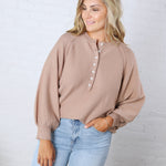 Presley Henley Balloon Sleeve Sweater Top - Taupe