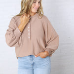 Presley Henley Balloon Sleeve Sweater Top - Taupe
