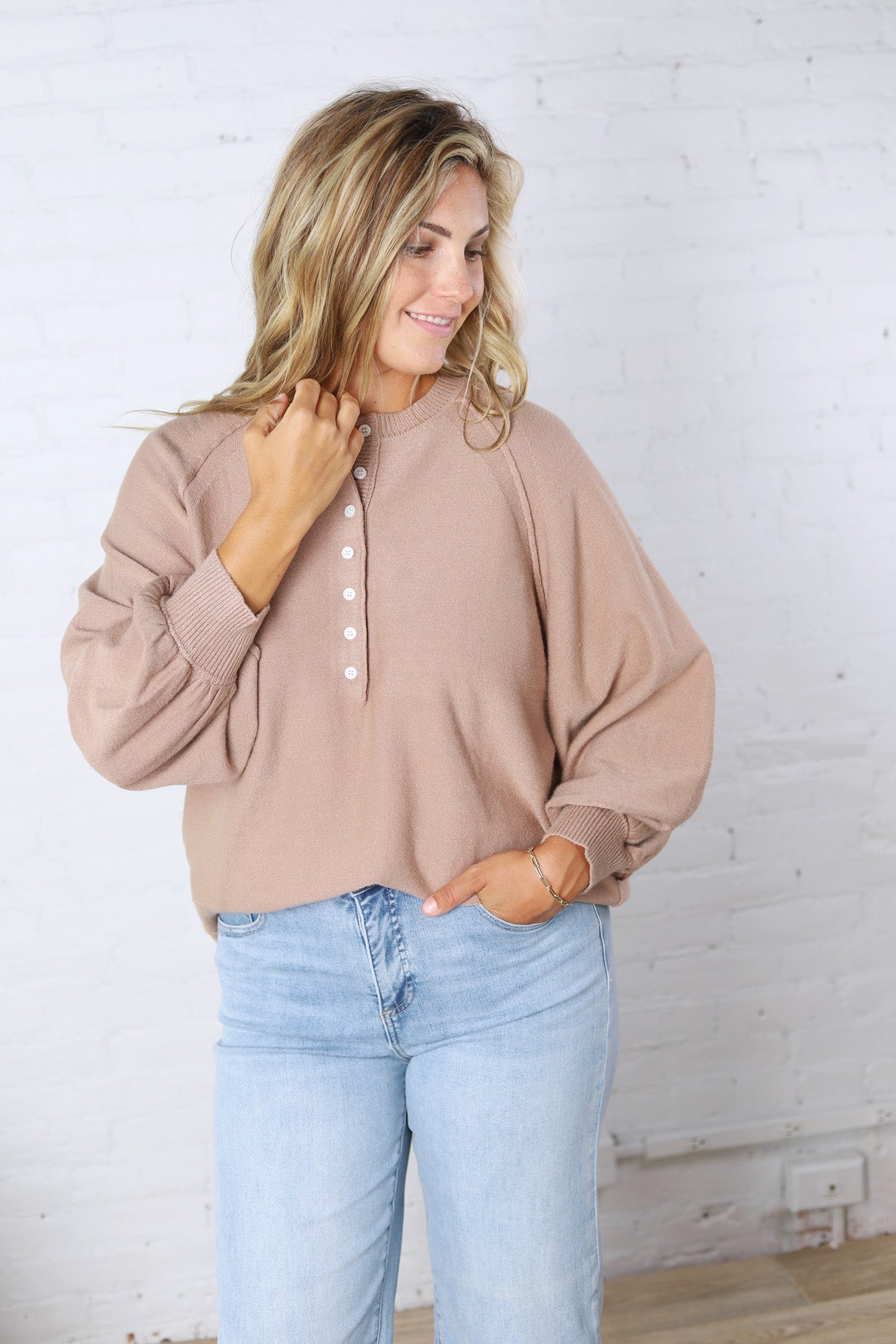 Presley Henley Balloon Sleeve Sweater Top - Taupe