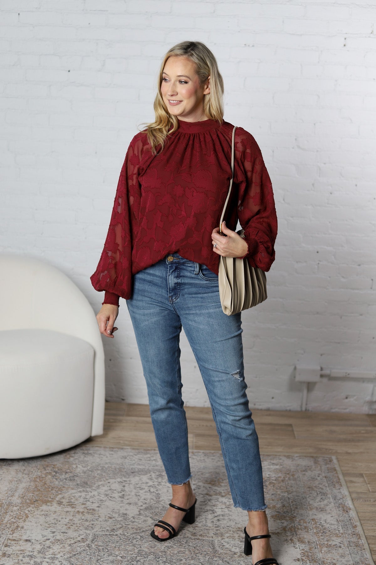 Prielle Textured Blouse - Burgundy