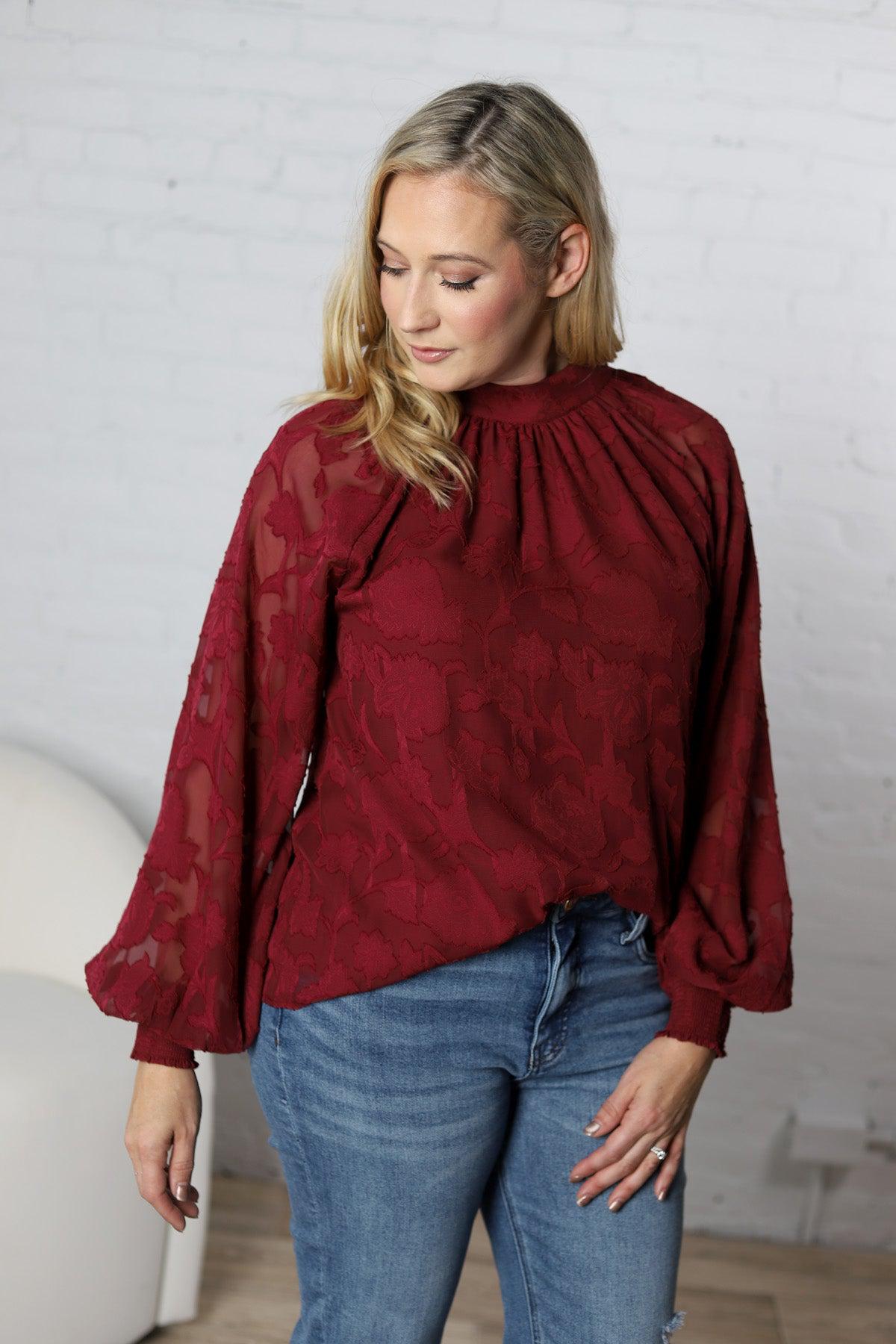 Prielle Textured Blouse - Burgundy