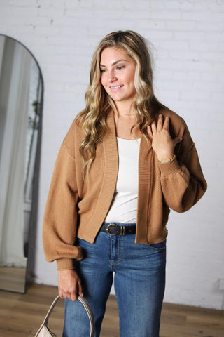 Quincy Layering Balloon Waffle Cardigan - Camel