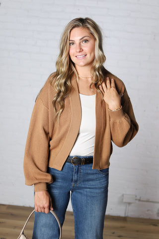 Quincy Layering Balloon Waffle Cardigan - Camel