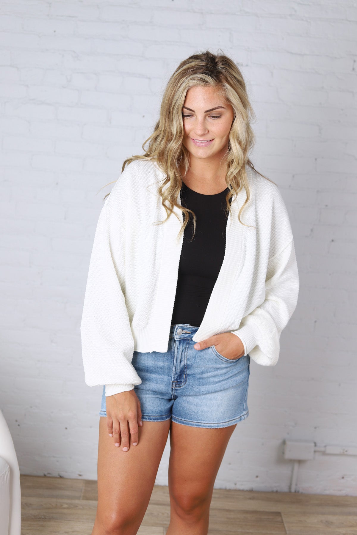 Quincy Layering Balloon Waffle Cardigan - Ivory