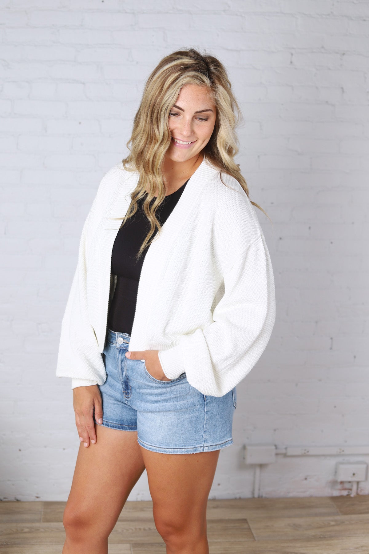 Quincy Layering Balloon Waffle Cardigan - Ivory