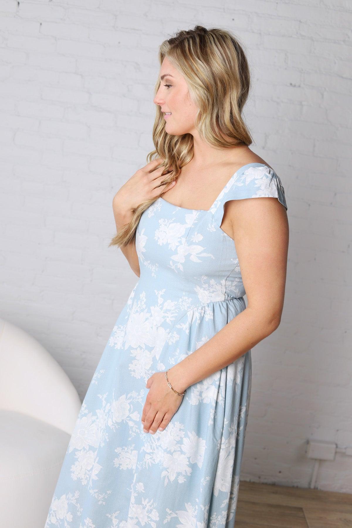 Quinelle Floral Square Neck Midi Dress - Blue