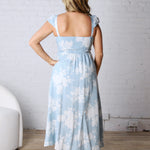 Quinelle Floral Square Neck Midi Dress - Blue
