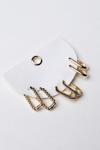 Quinn Mixed Rectangular Hoop Earrings Set - Gold