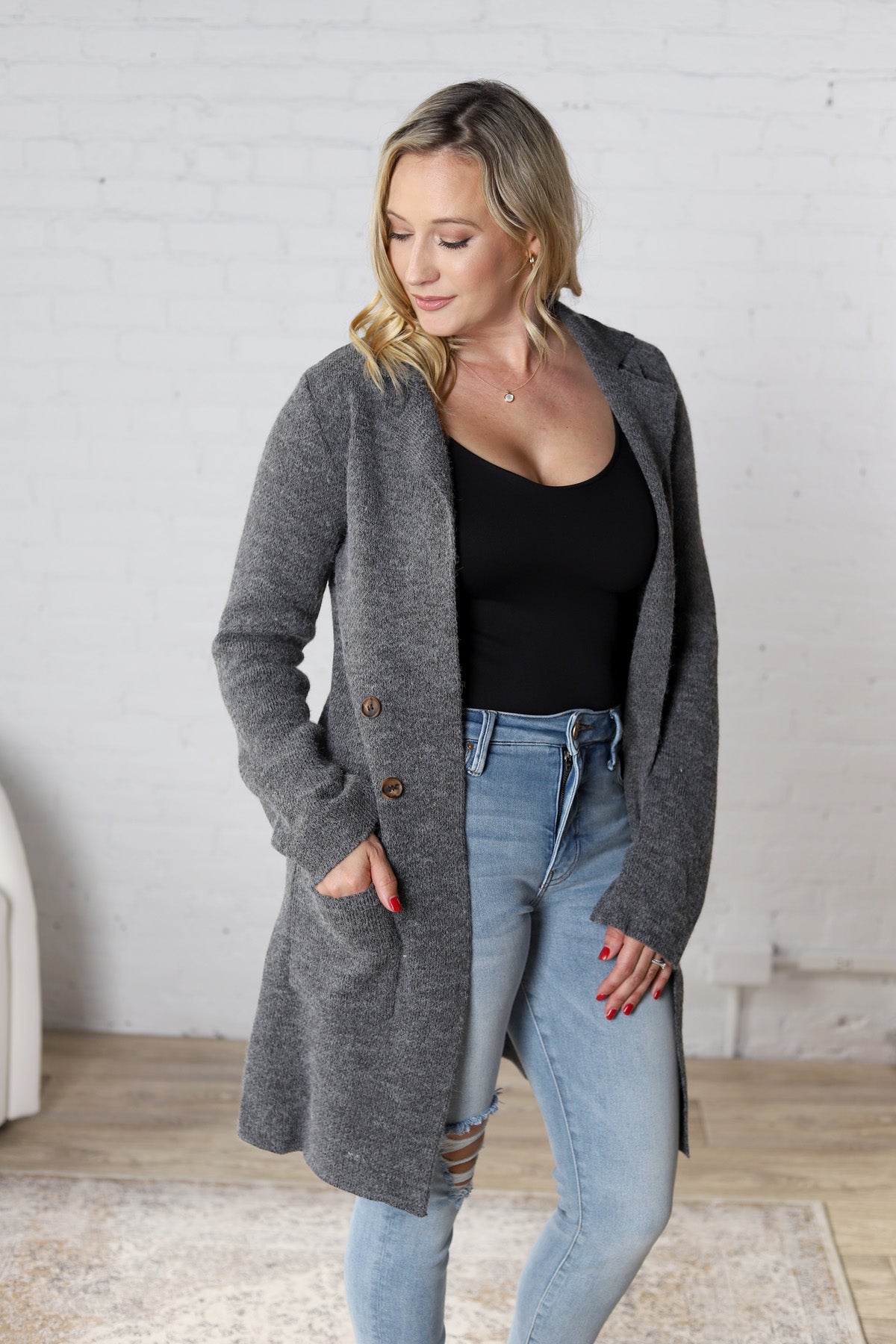 Raelle Open Basic Sweater Coat - Charcoal - FINAL SALE