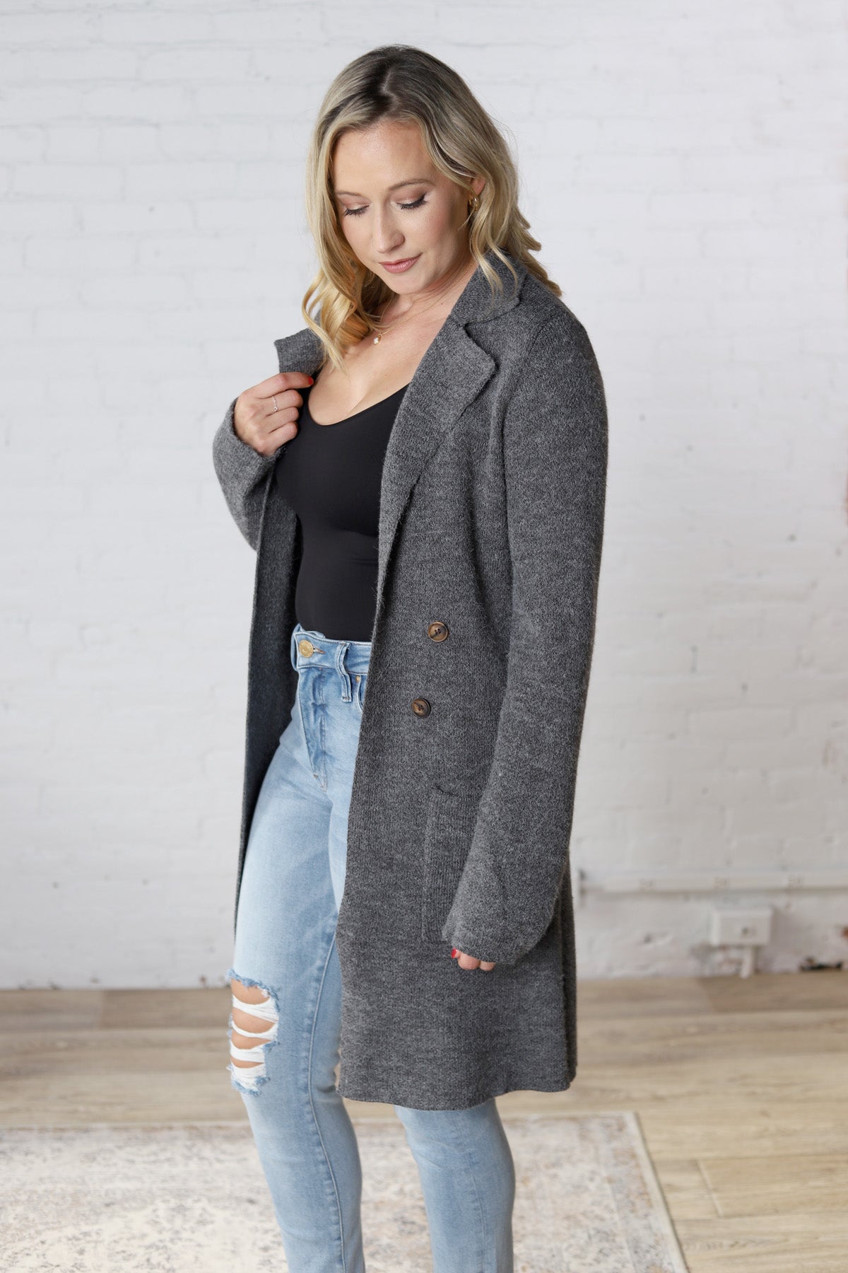 Raelle Open Basic Sweater Coat - Charcoal - FINAL SALE