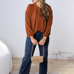 Raine Collar Front Tie Pleated Blouse - Brown