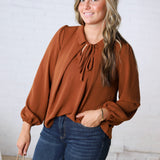 Raine Collar Front Tie Pleated Blouse - Brown