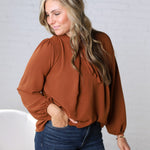 Raine Collar Front Tie Pleated Blouse - Brown