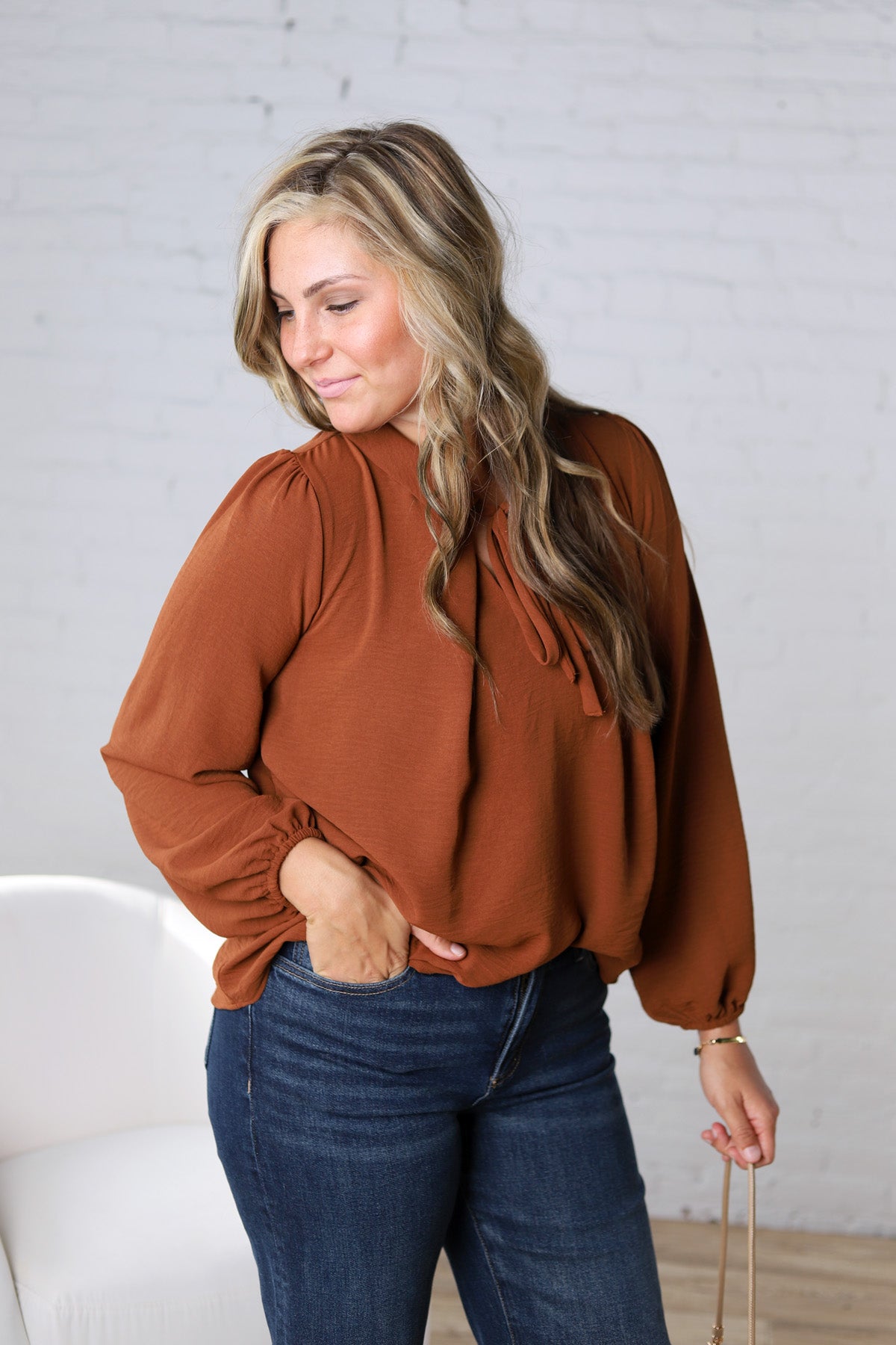 Raine Collar Front Tie Pleated Blouse - Brown