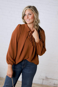Raine Collar Front Tie Pleated Blouse - Brown