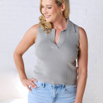 Reina Ribbed V Neck Tank - Dusty Olive