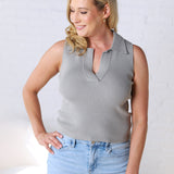 Reina Ribbed V Neck Tank - Dusty Olive