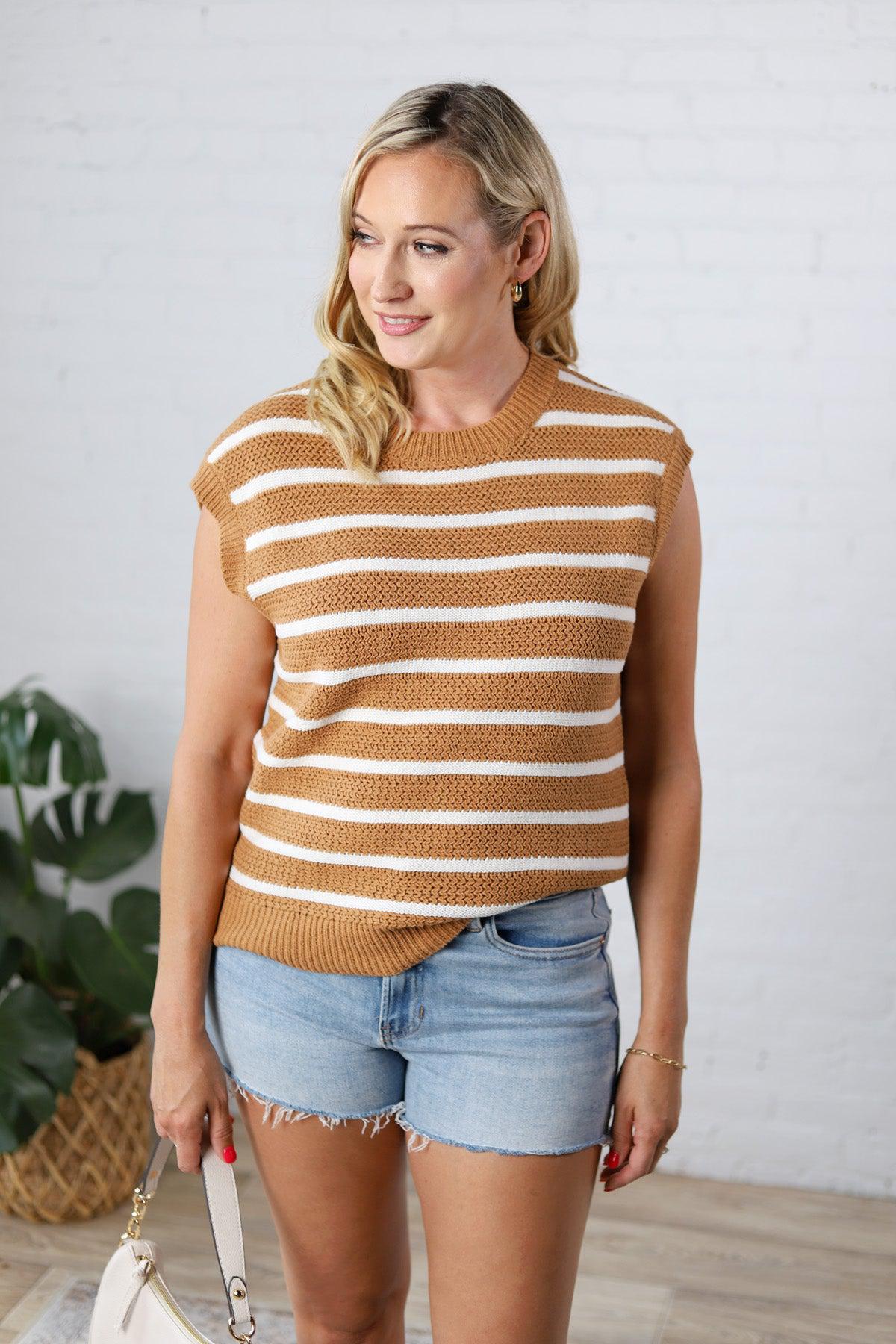 Remy Striped Sweater Vest - Camel/Ivory - FINAL SALE