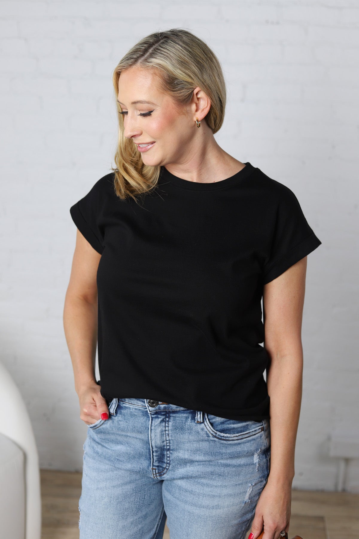 Renata Cotton Folded Sleeve Top - Black