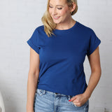 Renata Cotton Folded Sleeve Top - Lt Navy