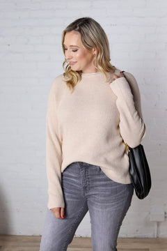 Renna Soft Waffle Knit Raw Hem Sweater - Oatmeal